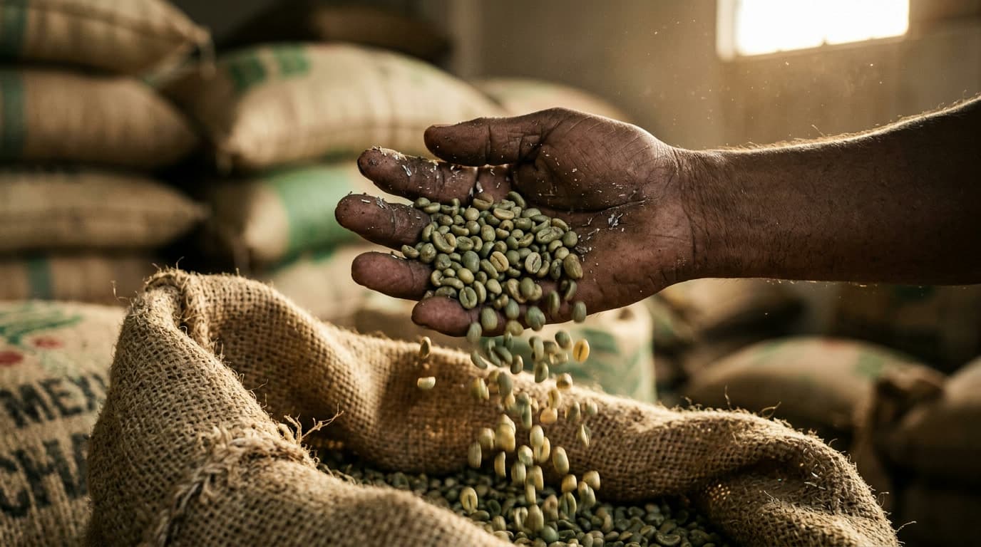 El café verde — Sale clasificado, ensacado y listo para tostadores y exportadores de cualquier país.