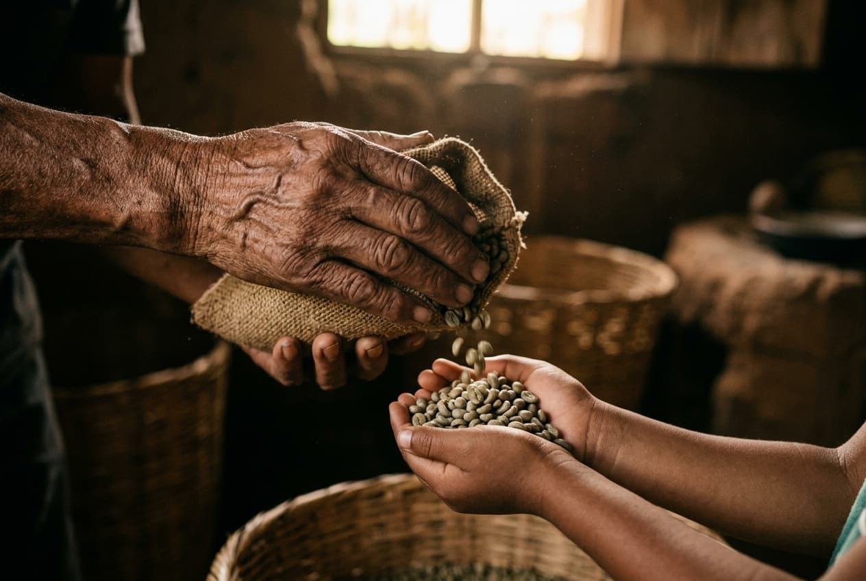 Manos de dos generaciones pasando café verde