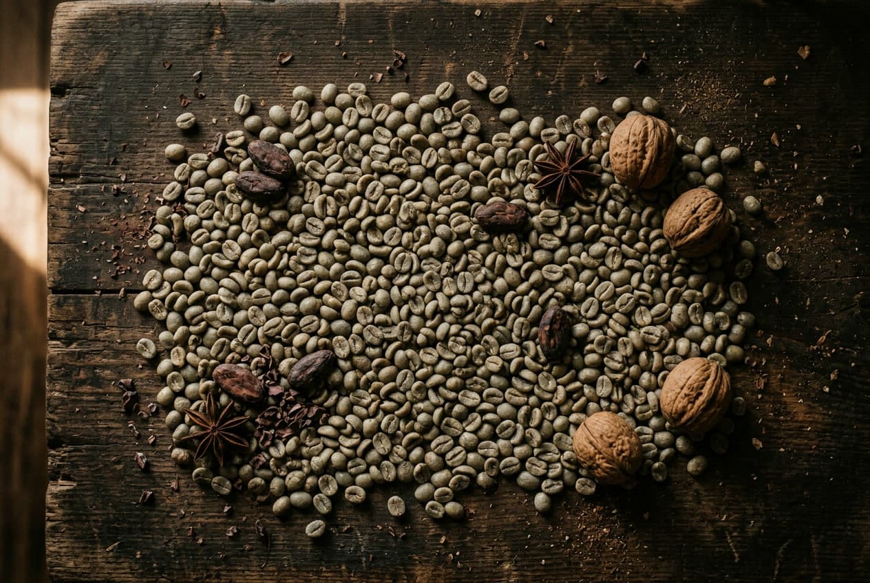 Café verde Robusta sobre madera